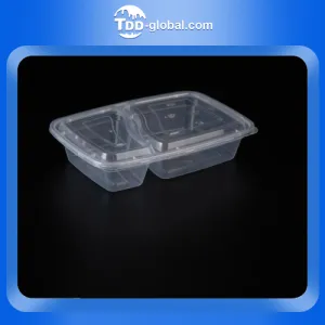 2 Compartment rectangular take off lunch box with lid disposable plastic togo container with clear lid